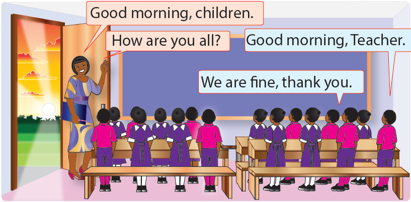 A classroom of children looking at the blackboard. The teacher enters it is morning outside.
