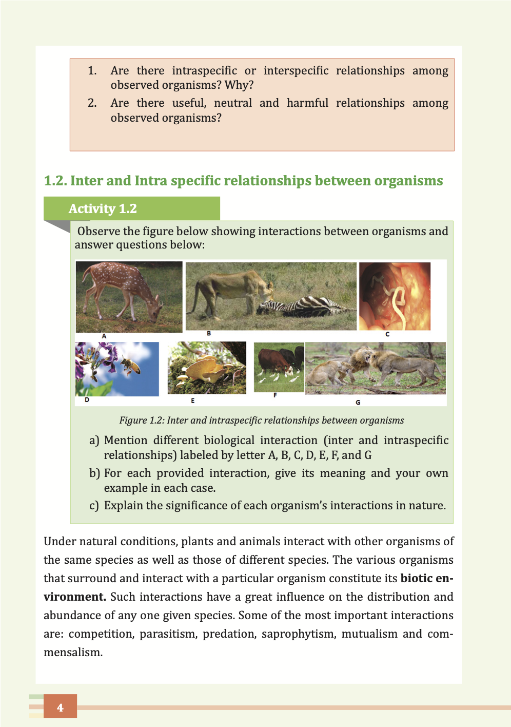 1. Are there intraspecific or interspecific relationships among 
observed organisms? Why?
2. Are there useful, neutral and harmful relationships among 
observed organisms?